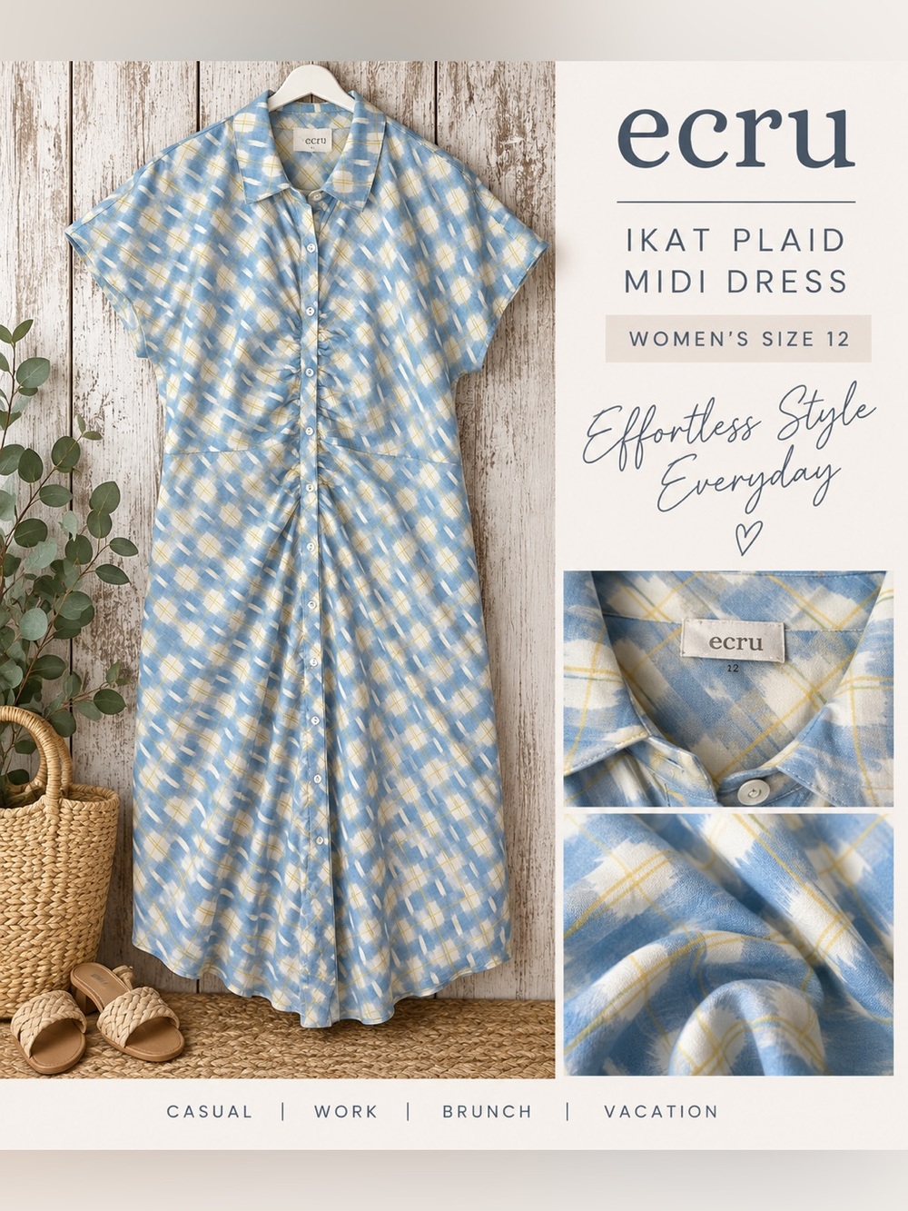 Ecru Ikat Plaid Ruched Button Front Midi Shirt Dress Blue Yellow Size 12